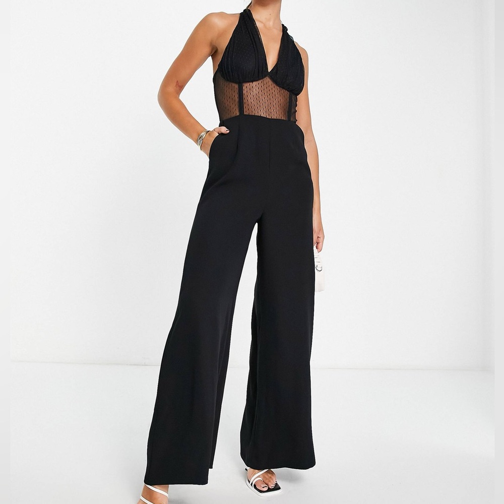 Topshop Halter Neck Lace Mesh Corset Jumpsuit in Black